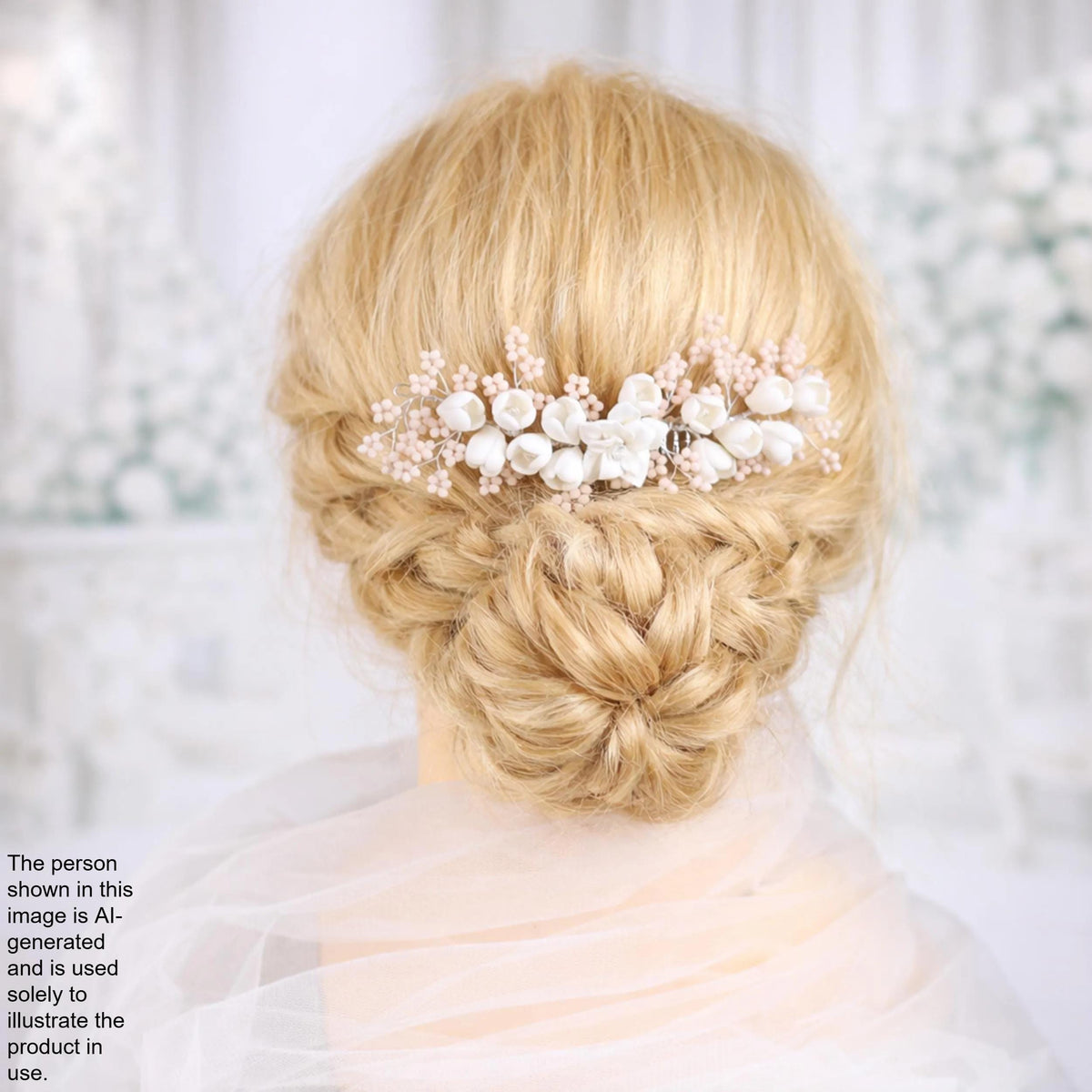 the back view of a woman's blonde hair styled in a bun with a decorative flower accessory.