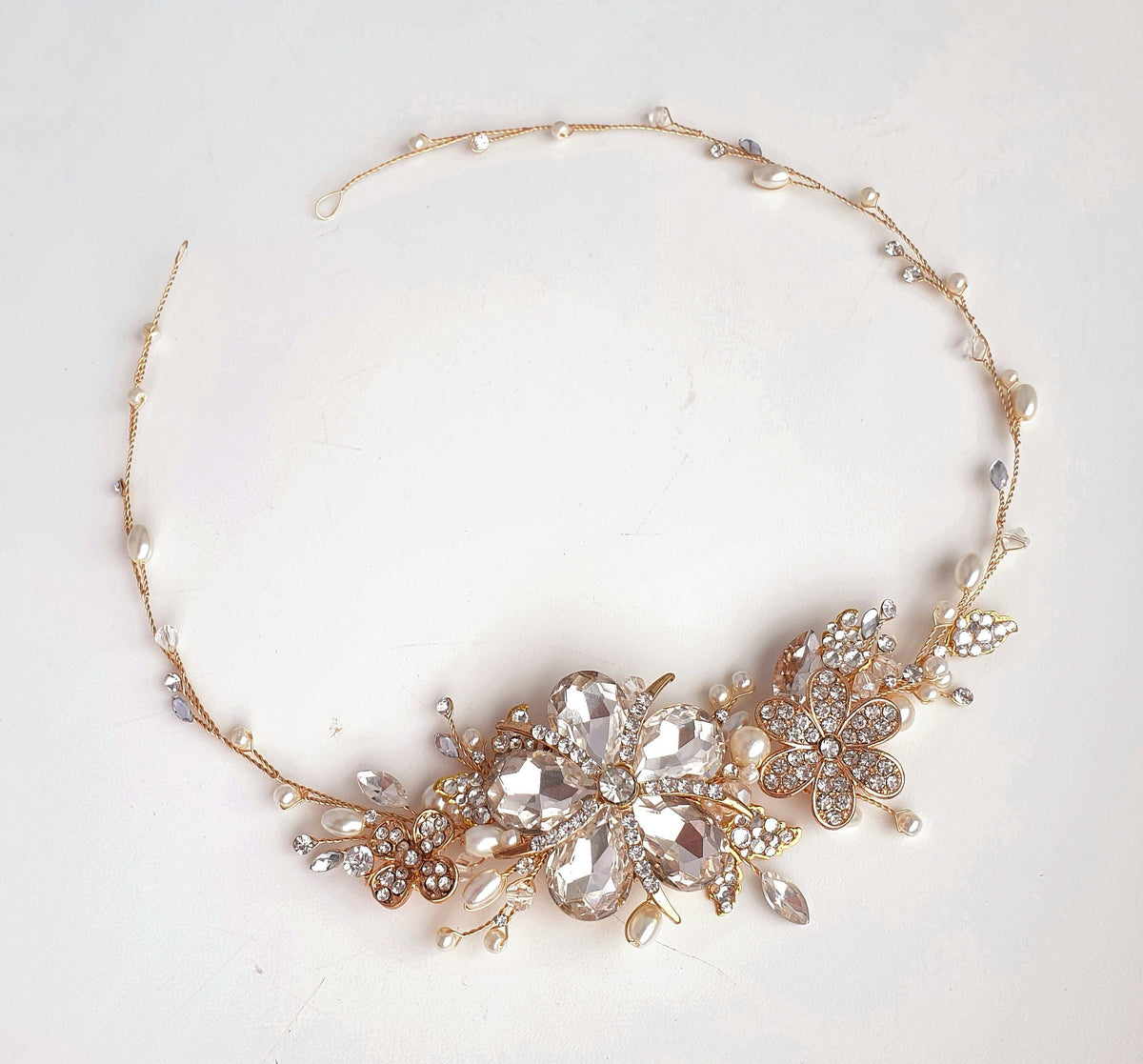 Gold Flower Bridal Hair Vine: Pearl & Crystal Wedding Headpiece