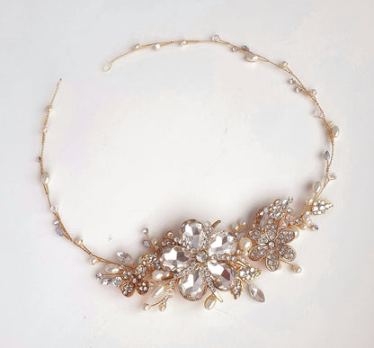 Gold Flower Bridal Hair Vine: Pearl & Crystal Wedding Headpiece