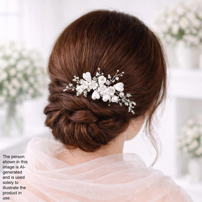 a woman's back view with her hair styled in a bun, adorned with a decorative hair accessory featuring white flowers.
