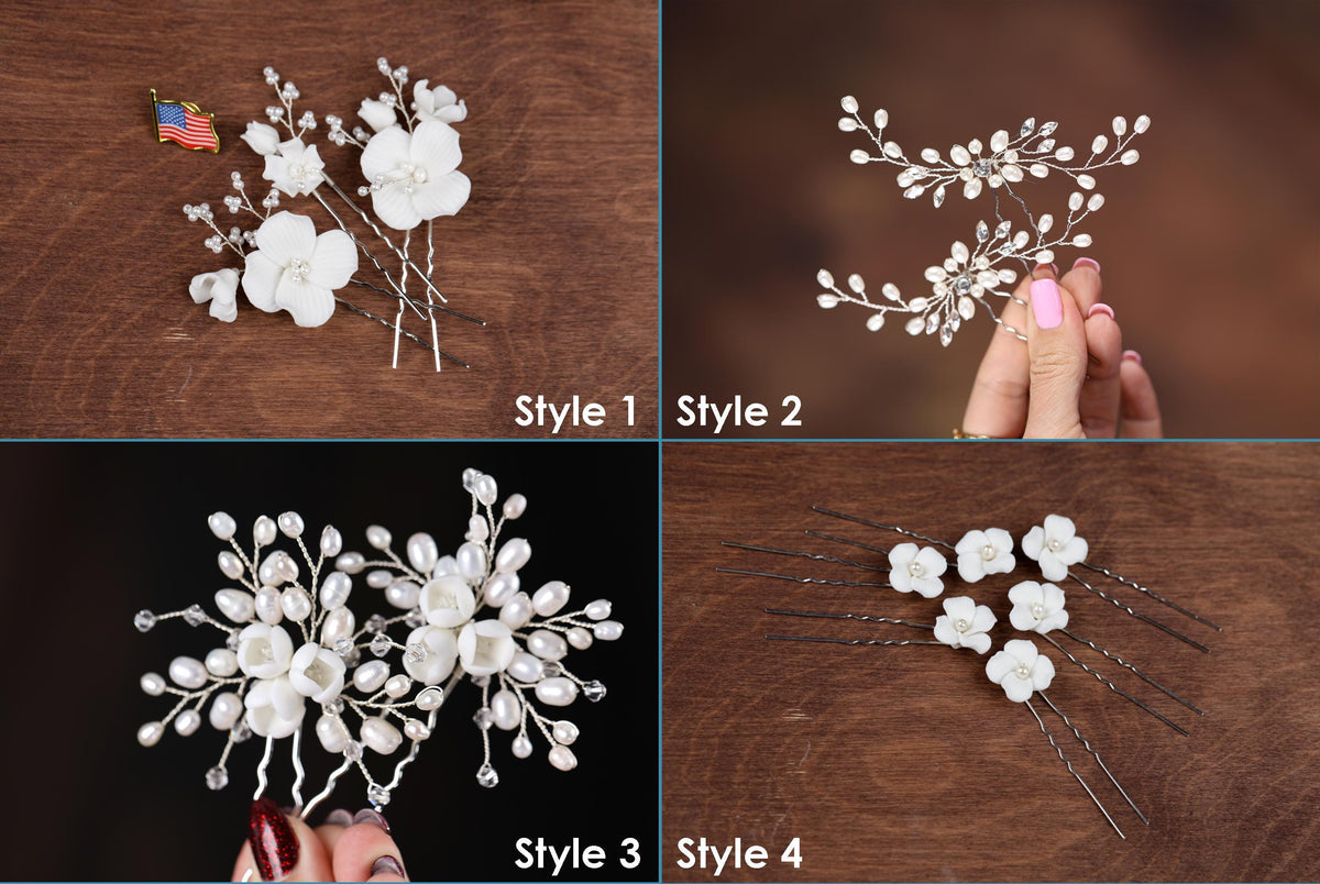 The image is a collage of four photos showing different styles of hair clips with white flowers or branches attached to them.