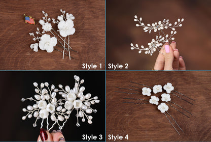 The image is a collage of four photos showing different styles of hair clips with white flowers or branches attached to them.