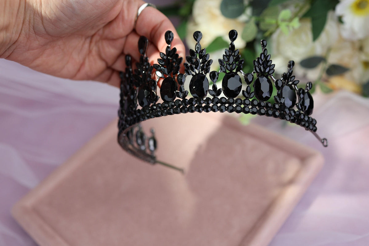 Black Crystal Tiara and Earrings Set, Gothic Wedding Headpiece, Bridal Crown Set