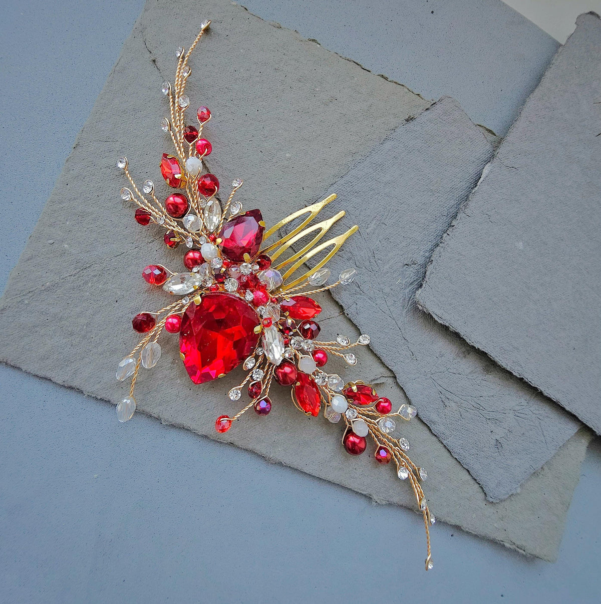 Red Crystal Wedding Hair Comb, Gold Bridal Hairpiece with Pearls, Bridesmaids Accessory