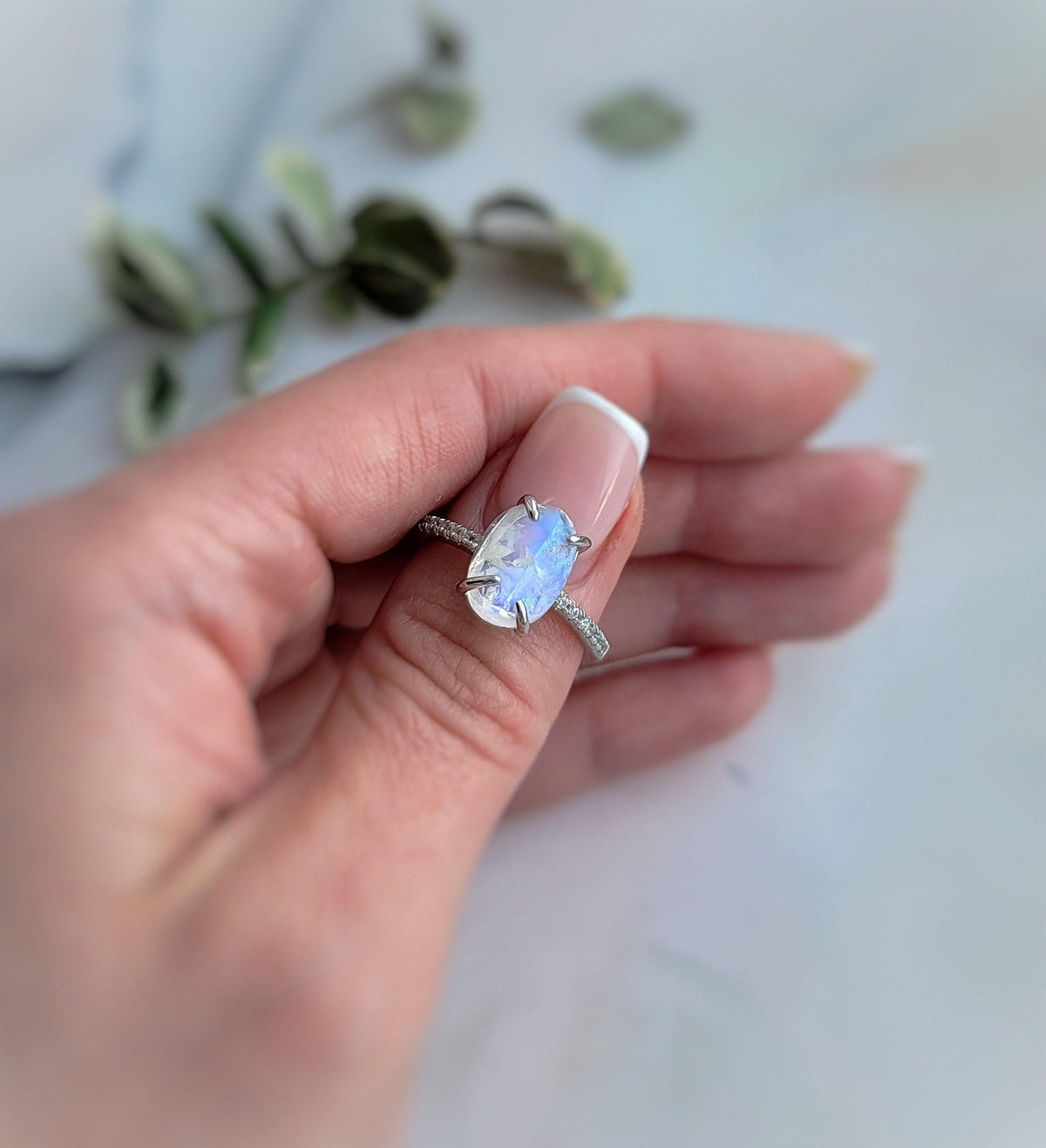 Oval Moonstone Sterling Silver Ring: Boho Engagement Jewelry