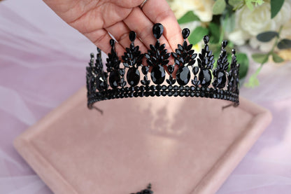 Black Crystal Tiara and Earrings Set, Gothic Wedding Headpiece, Bridal Crown Set