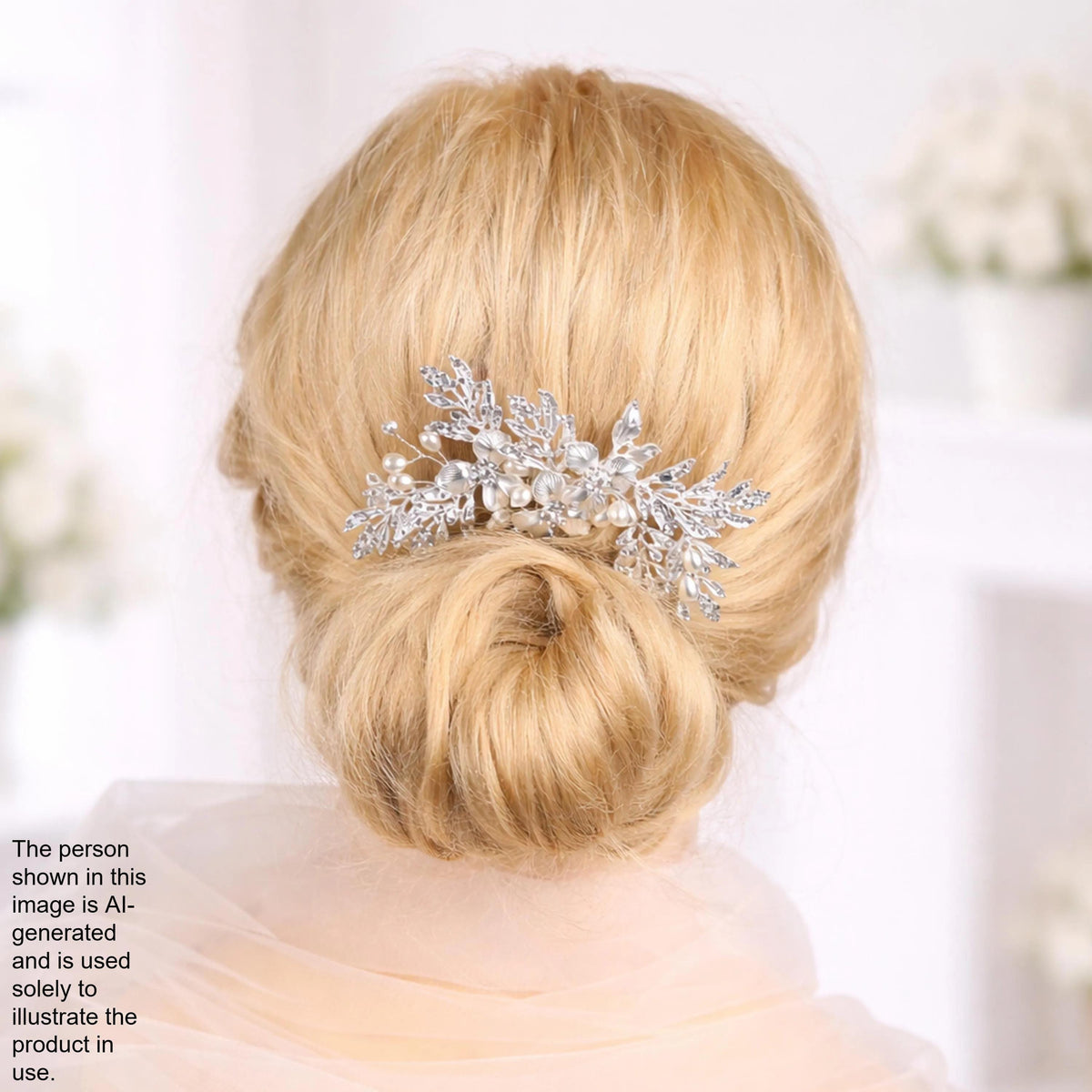 A close-up of a woman's blonde hair with a decorative hair accessory, possibly a hair clip or headband, in the background.