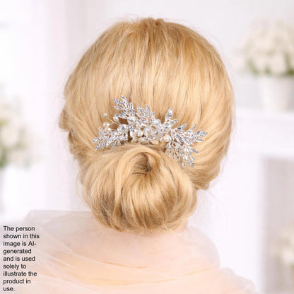 A close-up of a woman's blonde hair with a decorative hair accessory, possibly a hair clip or headband, in the background.
