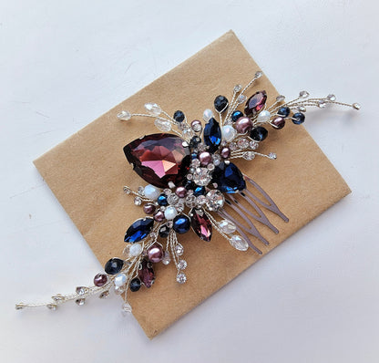 Burgundy And Navy Blue Crystal Wedding Hair Comb, Bridal Hair Piece, 6 Inch