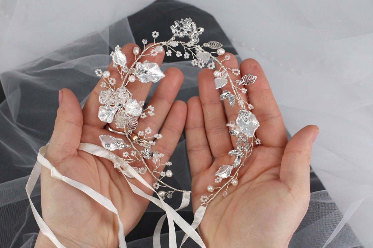 Silver Floral Bridal Hair Vine: Wedding Headpiece, 15" Handmade Jewelry