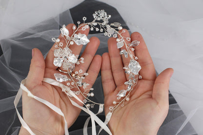 Silver Floral Bridal Hair Vine: Wedding Headpiece, 15" Handmade Jewelry