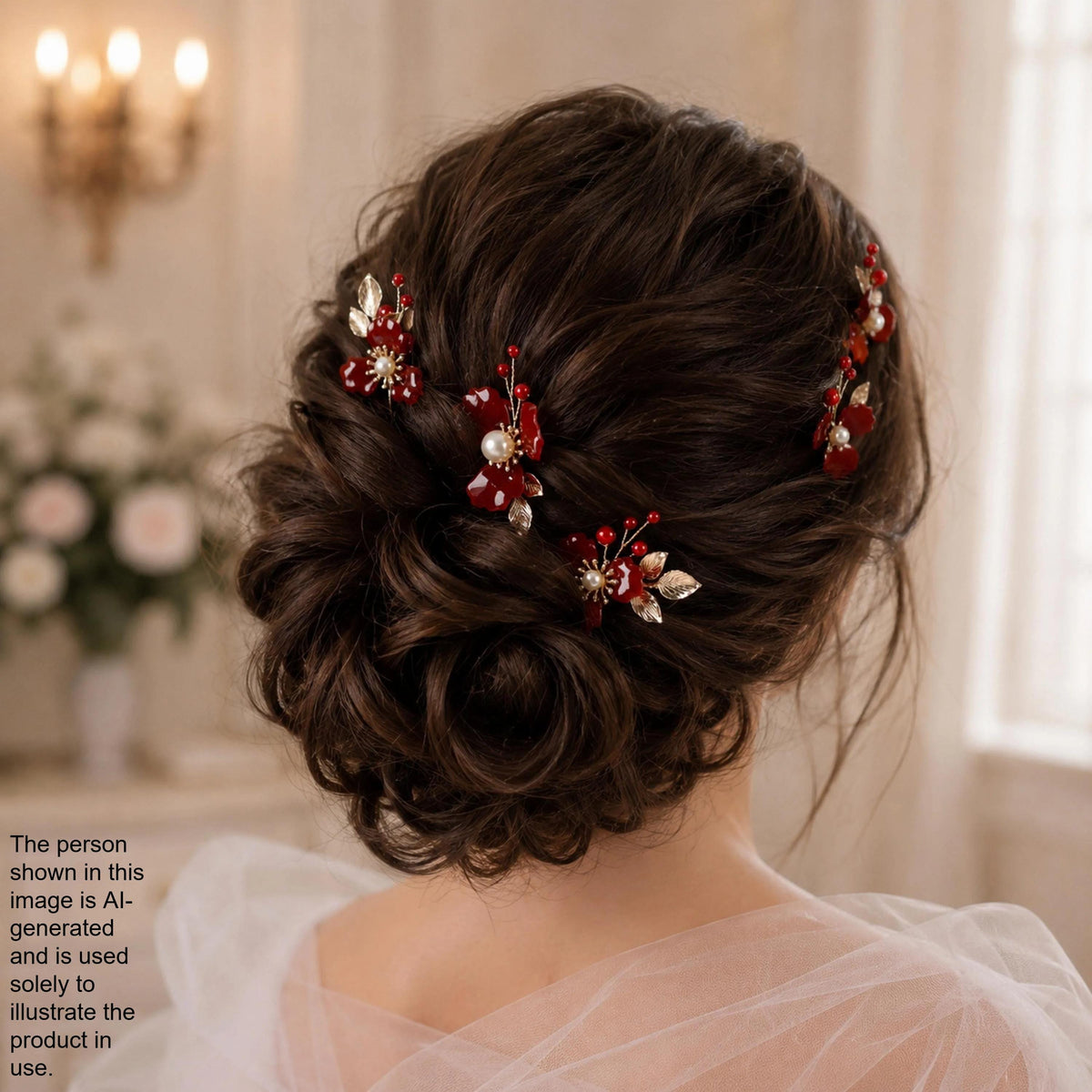 a woman's back view with her hair styled in a bun, adorned with red and gold floral hair clips.