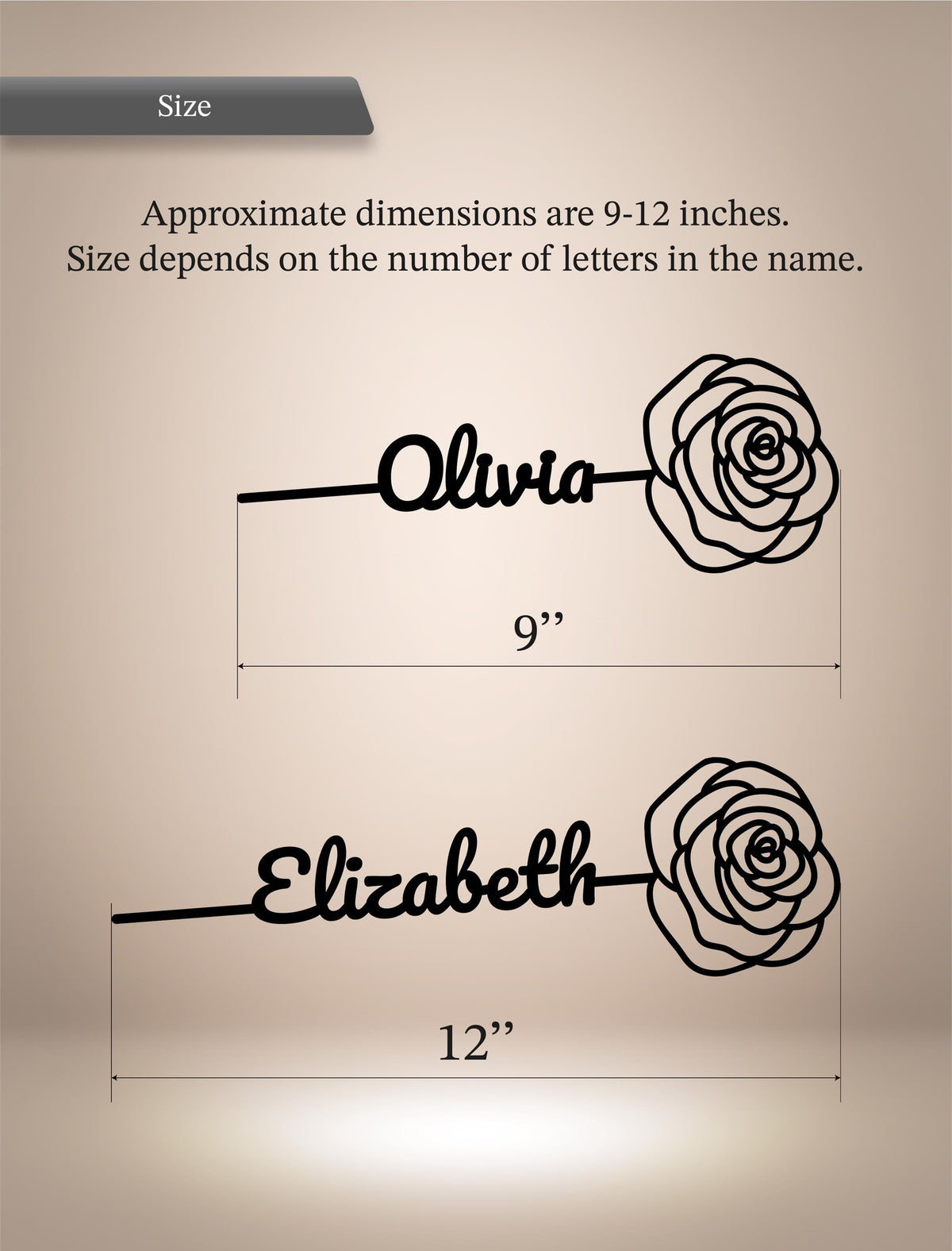 a nameplate with the name "Olivia" and "Elizabeth" written on it. The nameplate is approximately 9-12 inches in length, depending on the number of letters in the name.