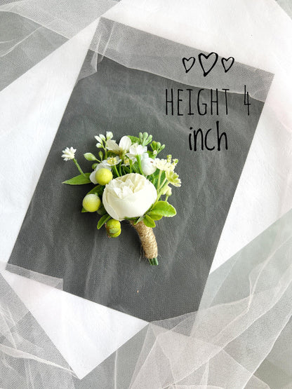 Green & White Rose Boutonniere: Groom Wedding Accessories