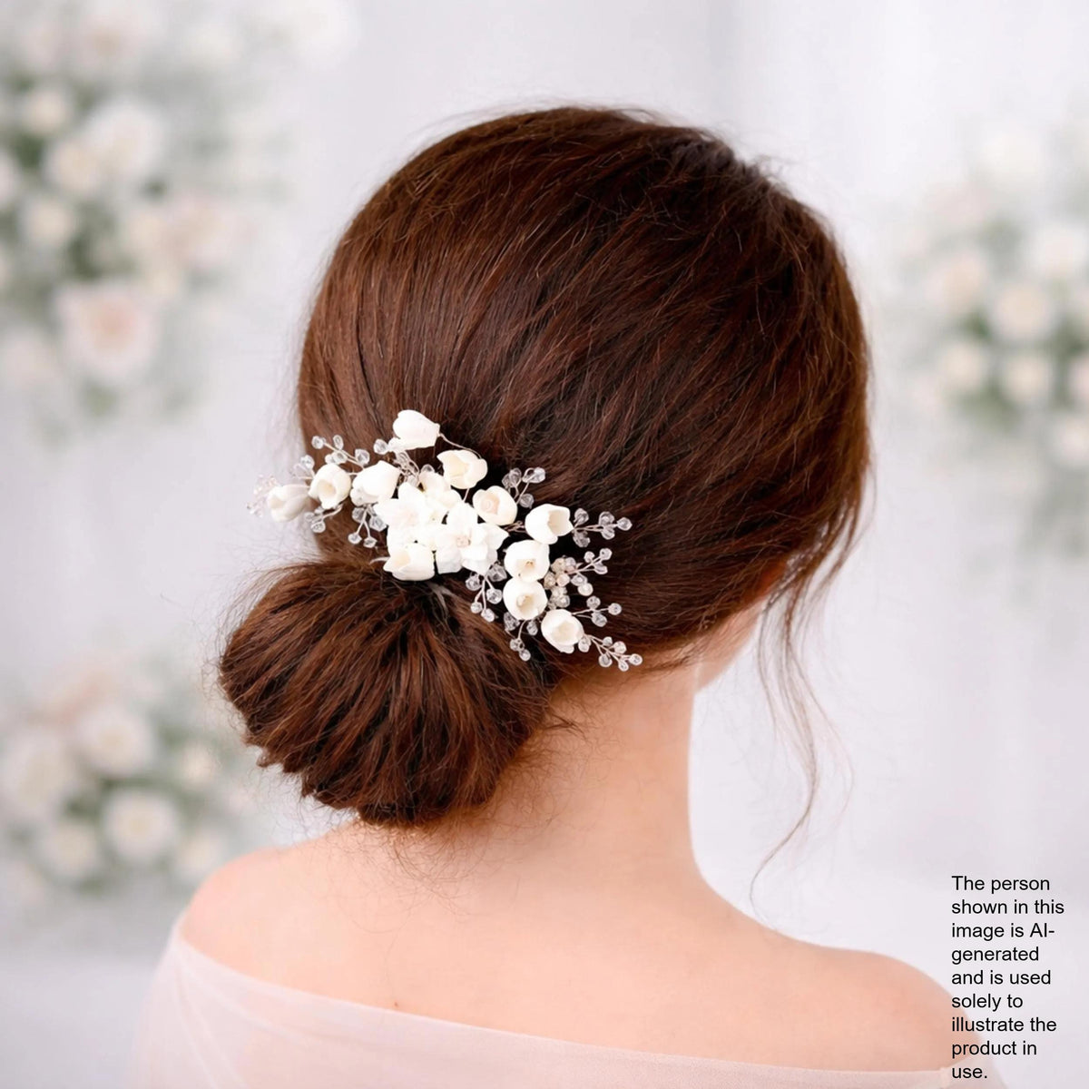 the back view of a woman's head with a bun hairstyle adorned with white flowers.
