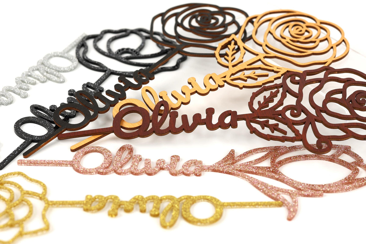 various decorative elements, including a variety of colorful flowers and nameplates.