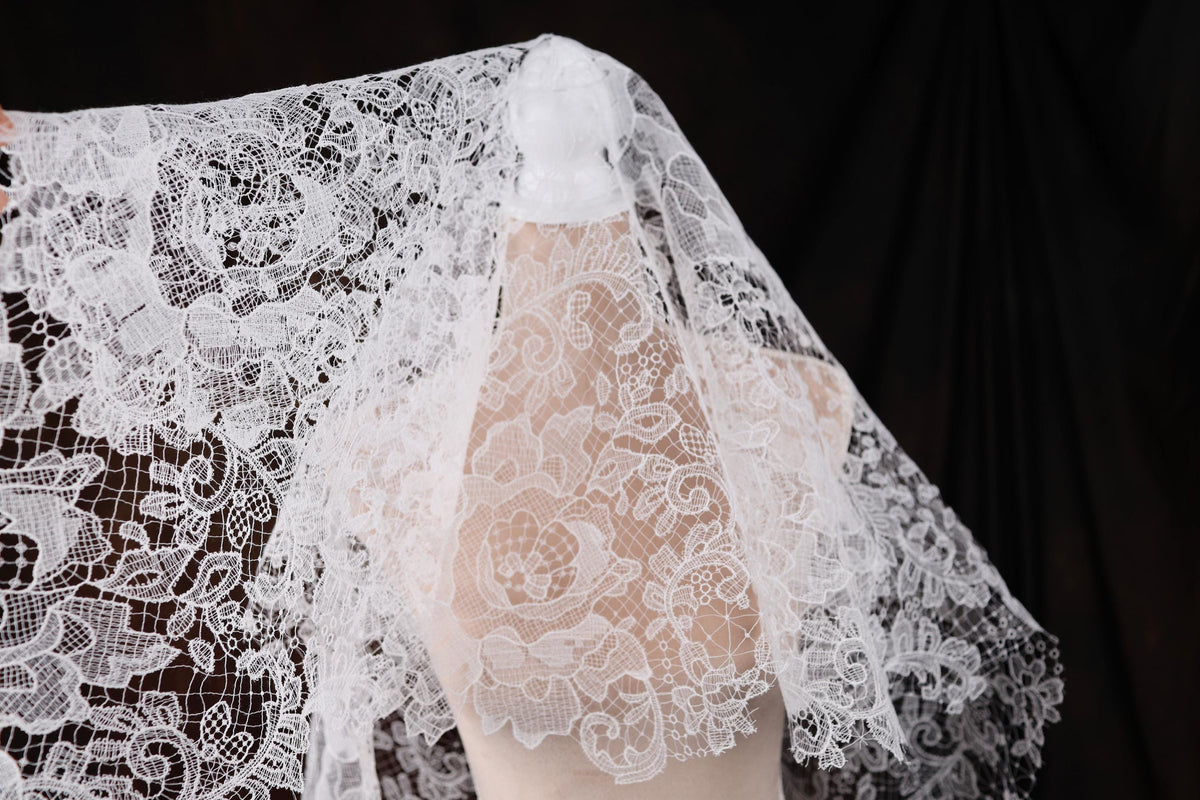a woman is wearing a white lace veil