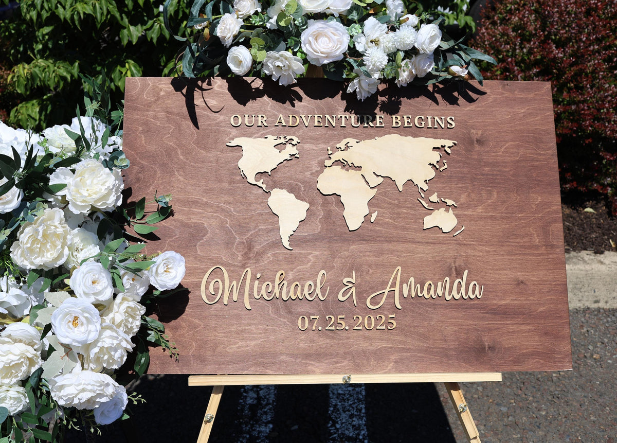 a wooden sign with a world map on it