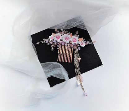 Rose Gold Cherry Blossom Hair Comb, Bridal Prom Accessory