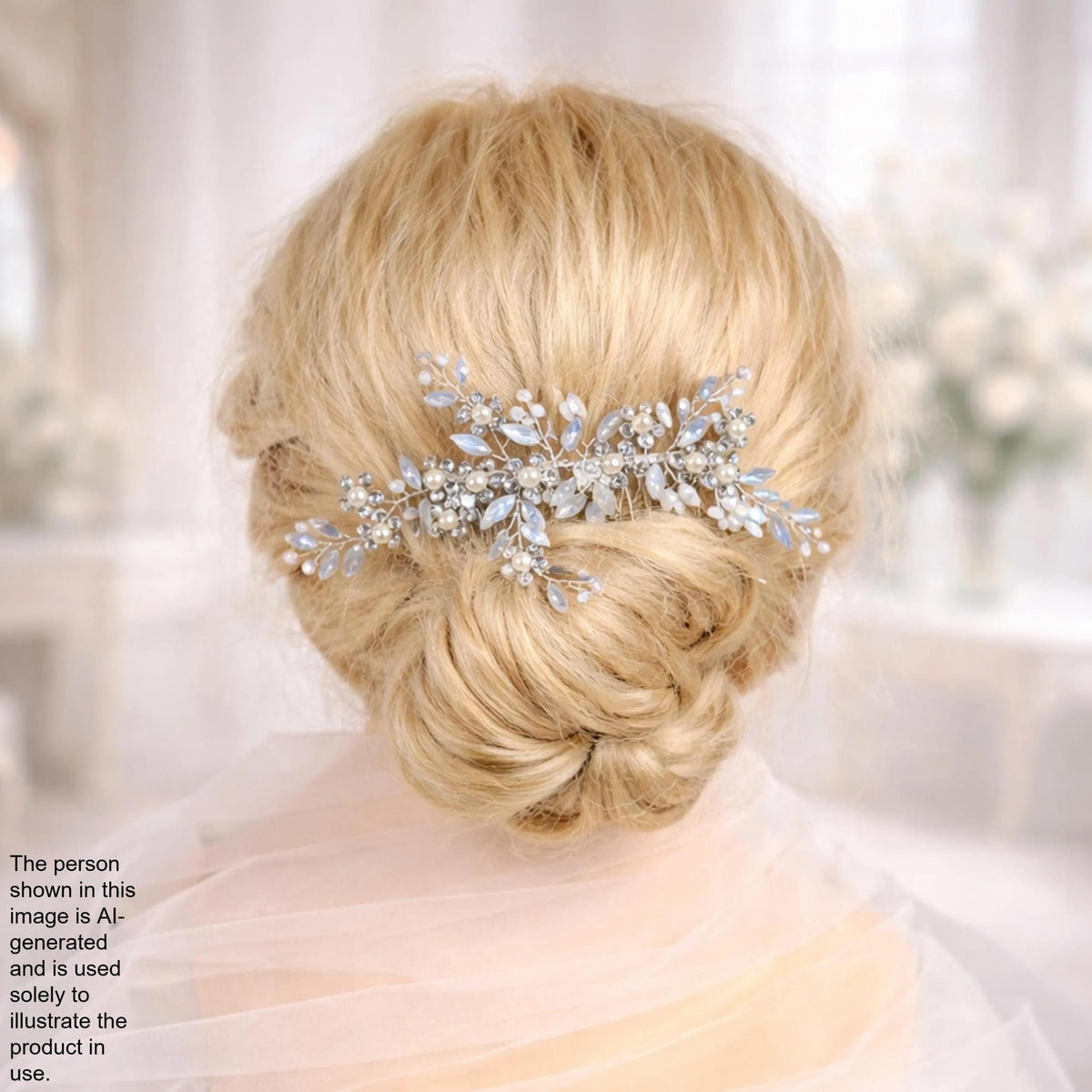 a woman's blonde hair styled in a bun, with a decorative hair accessory featuring blue and white flowers or crystals.