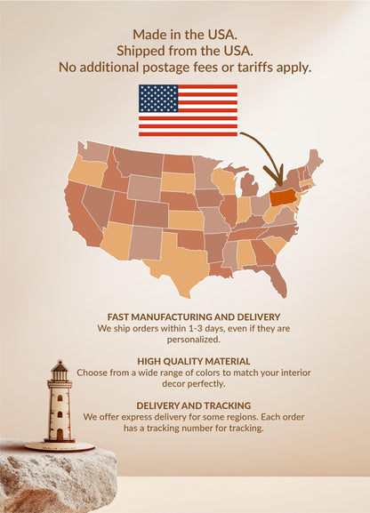 The image is a promotional graphic for a company that ships products in the USA. It features a map of the United States with a lighthouse in the foreground, and text providing information about the company's shipping services.