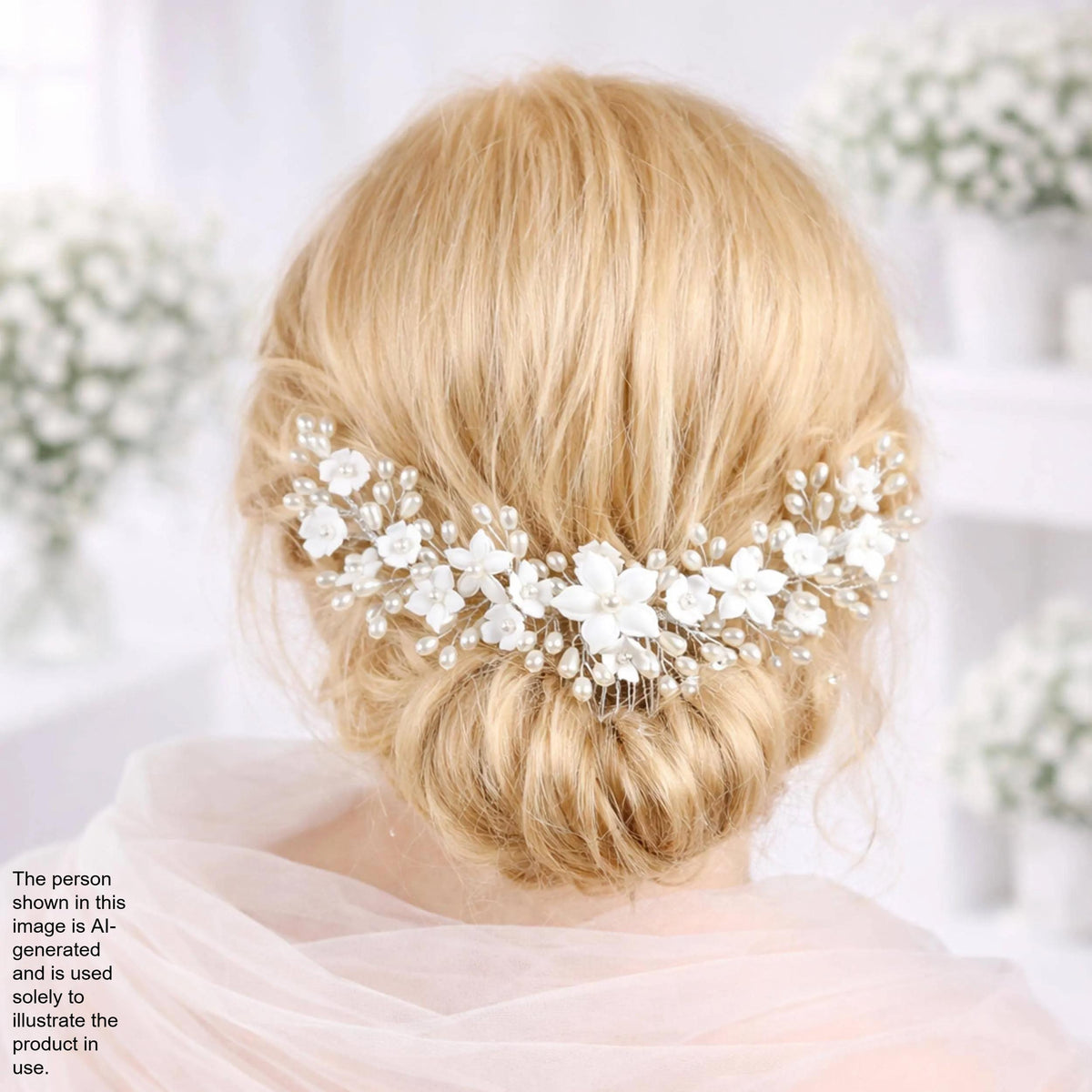 a woman's blonde hair styled in a bun, adorned with a decorative hair accessory featuring white flowers.