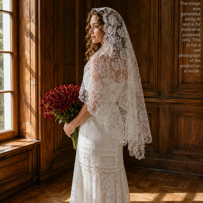 A bride in a white lace dress stands in a room with wooden paneling, holding a bouquet of red roses.