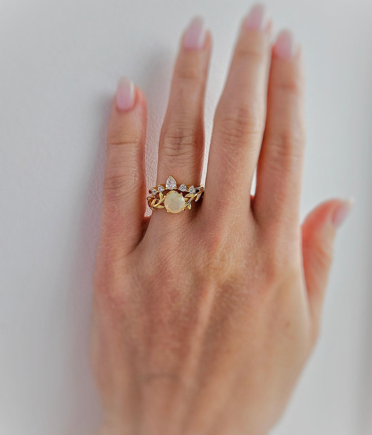 Opal Engagement Ring Set: Gold-Plated Leaf & CZ Wedding Rings
