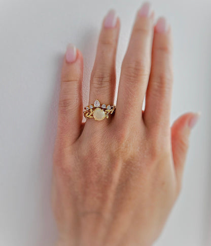 Opal Engagement Ring Set: Gold-Plated Leaf & CZ Wedding Rings