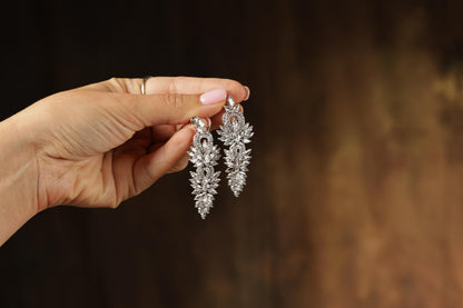 Vintage Bridal Earrings, Long Cubic Zirconia Dangle Earrings, Silver Wedding Prom Jewelry