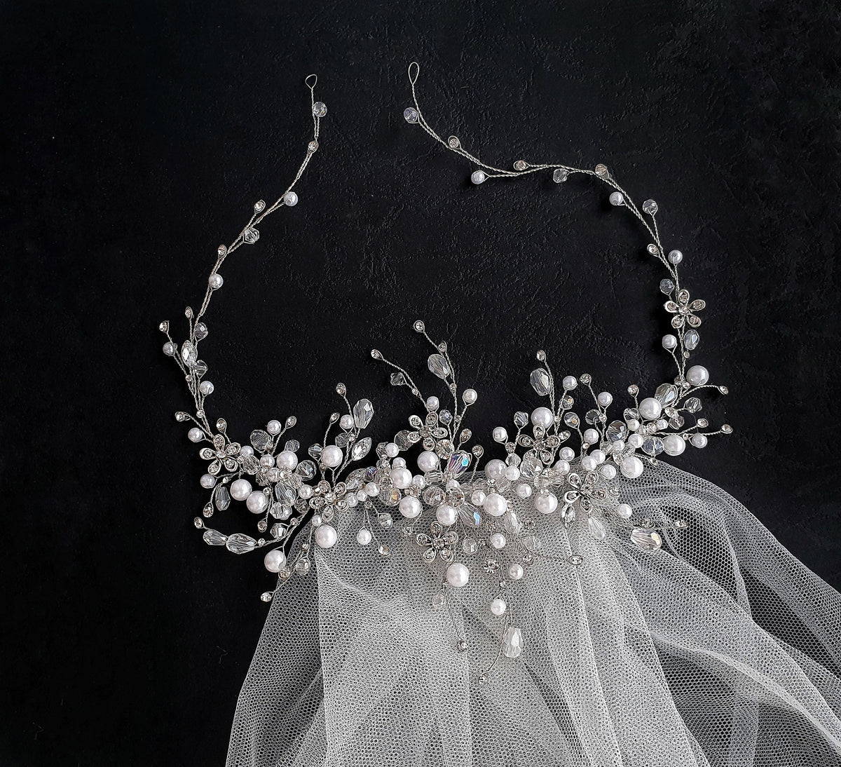 Pearl Crystal Wedding Hair Vine: Silver Bridal Headpiece, 16 Inch