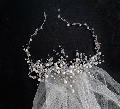 Pearl Crystal Wedding Hair Vine: Silver Bridal Headpiece, 16 Inch
