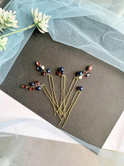 Wine Blue Crystal Pearl Wedding Hair Pins, Bridal Hairpiece Set, Elegant Updo Pins