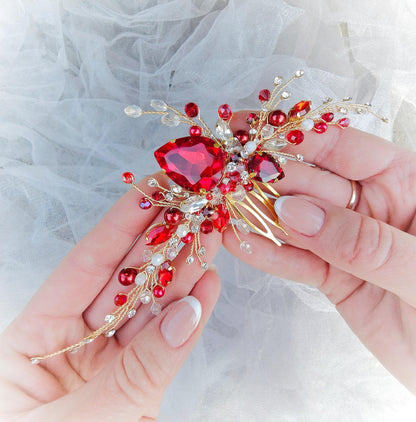 Red Crystal Wedding Hair Comb, Gold Bridal Hairpiece with Pearls, Bridesmaids Accessory