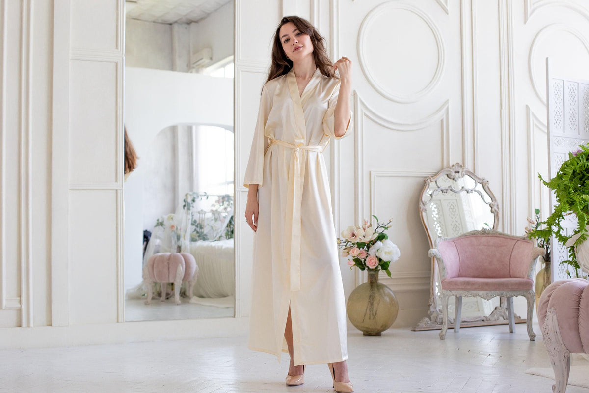 Ivory Satin Bridal Robe, Long Wedding Kimono, Elegant Bride Getting Ready Outfit, Honeymoon Robe