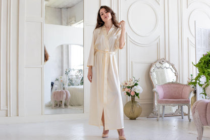 Ivory Satin Bridal Robe, Long Wedding Kimono, Elegant Bride Getting Ready Outfit, Honeymoon Robe