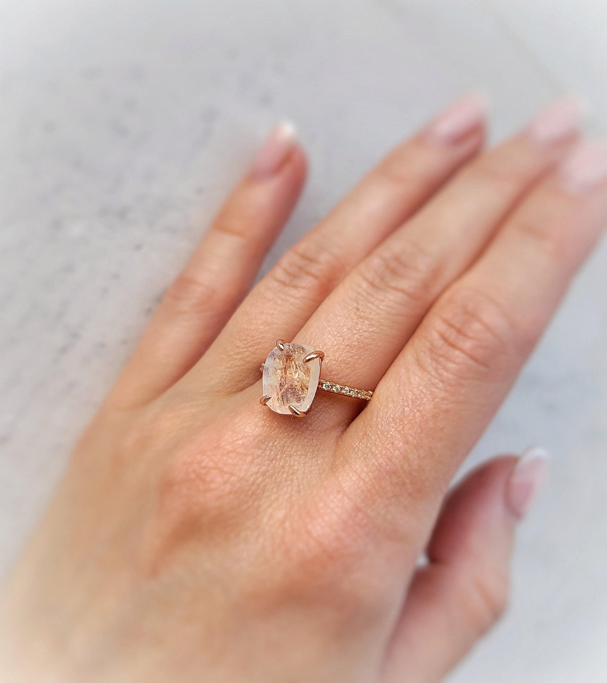 Oval Moonstone Engagement Ring: Rose Gold Sterling Silver Branch Band