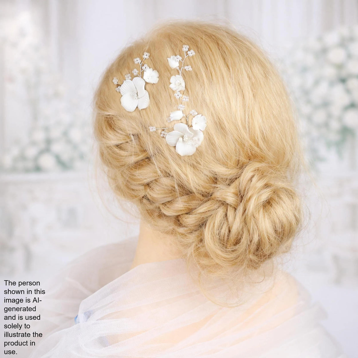 A close-up of a woman's blonde hair with a bun hairstyle, adorned with delicate white flower hair clips.