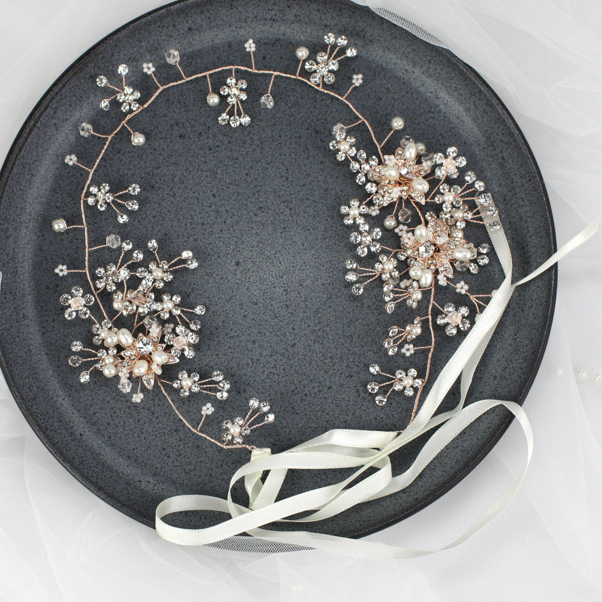 Rose Gold Floral Bridal Hair Vine: Rhinestone Wedding Headpiece