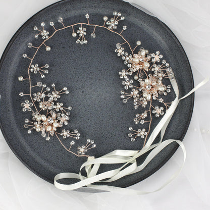 Rose Gold Floral Bridal Hair Vine: Rhinestone Wedding Headpiece