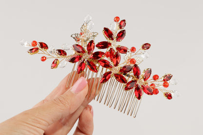 Red Crystal Floral Bridal Hair Comb, Gold Rhinestone Wedding Hairpiece