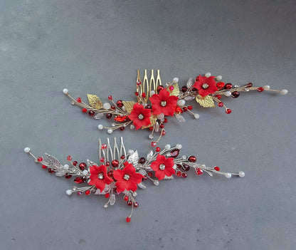 Red Floral Wedding Hair Comb. Elegant Bridal or Prom Hairpiece. Handmade Wedding Accessory for Brides & Bridesmaids