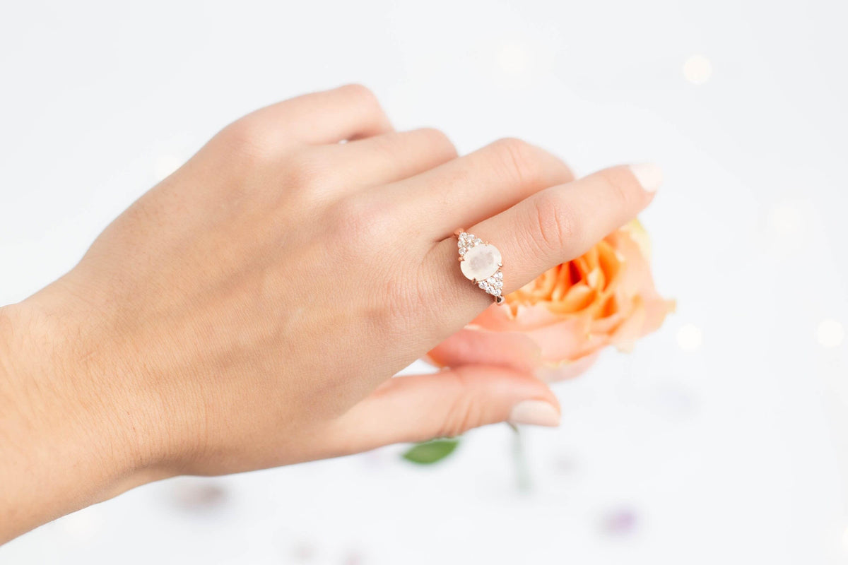 Oval engagement ring, Rainbow stone band, wedding moonstone jewelry, romantic anniversary present
