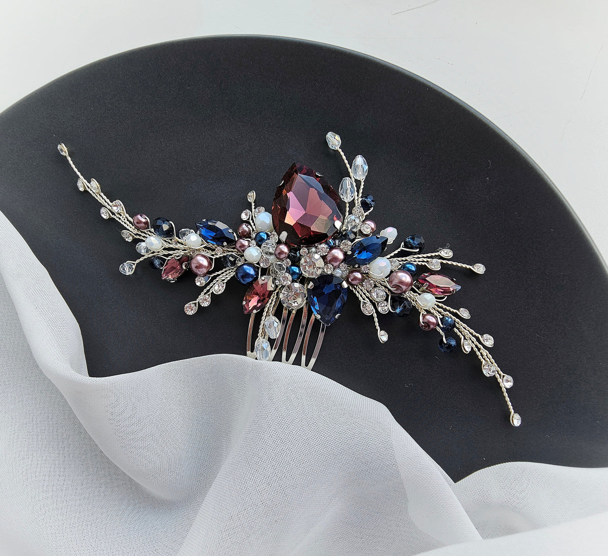 Burgundy And Navy Blue Crystal Wedding Hair Comb, Bridal Hair Piece, 6 Inch