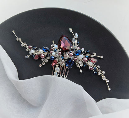 Burgundy And Navy Blue Crystal Wedding Hair Comb, Bridal Hair Piece, 6 Inch