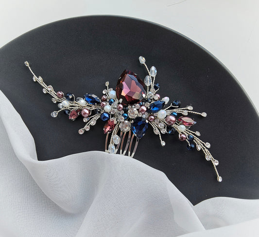 Burgundy And Navy Blue Crystal Wedding Hair Comb, Bridal Hair Piece, 6 Inch