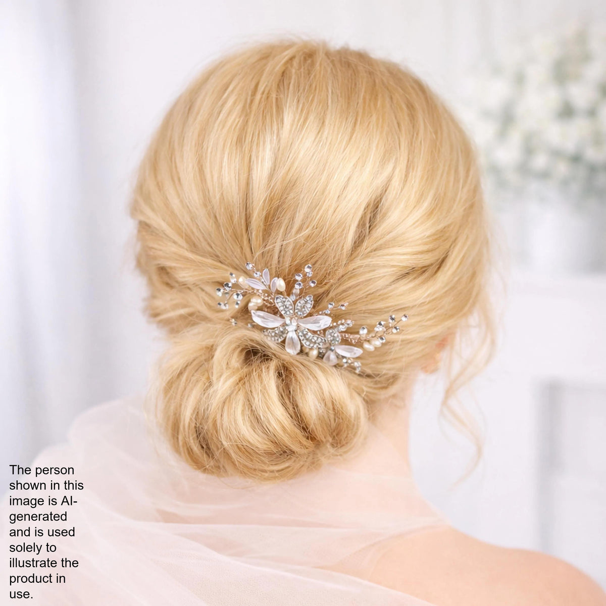A close-up view of a woman's blonde hair with a decorative hair accessory, possibly a flower or crystal piece, in the back of her head.