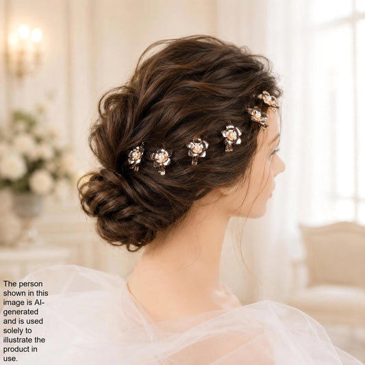 A woman with her hair styled in a bun, wearing a white dress and adorned with a headband of small, ornate flowers.