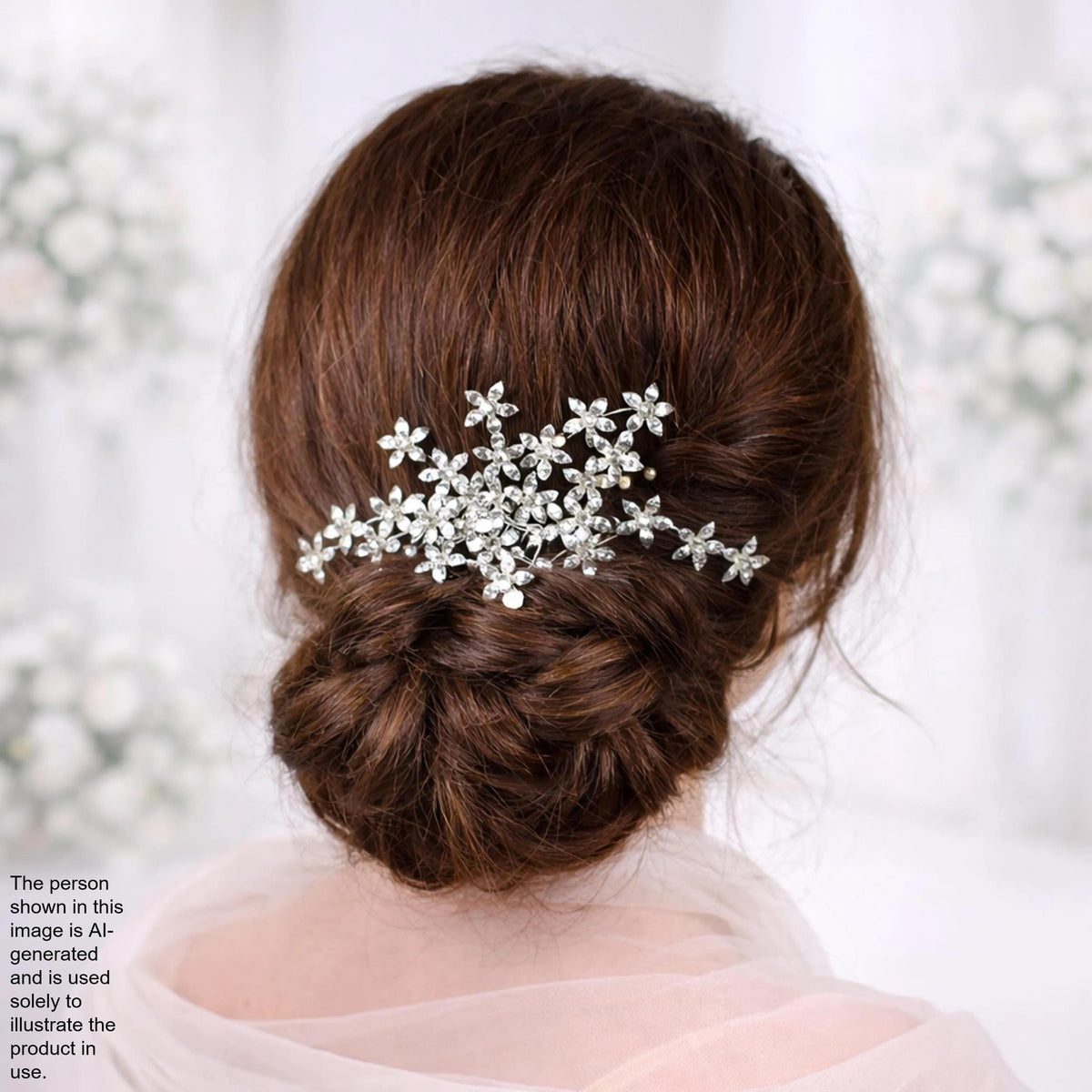 the back view of a woman's head with a hair accessory featuring small white flowers.