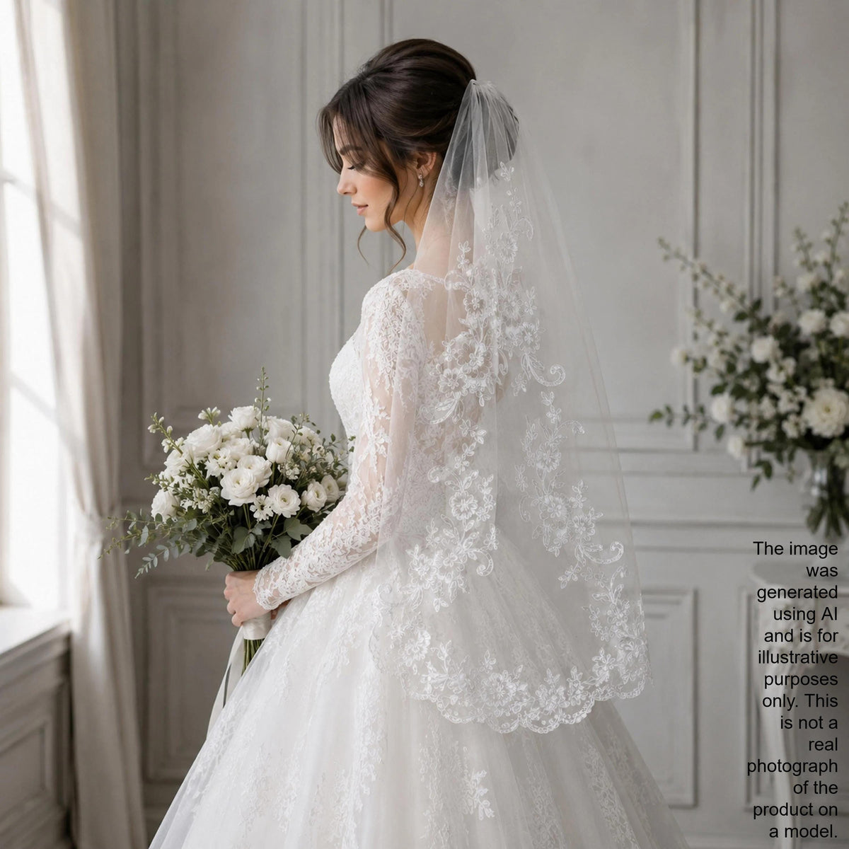 A bride in a white lace wedding dress holding a bouquet of white flowers stands in a room with a window and floral arrangements.
